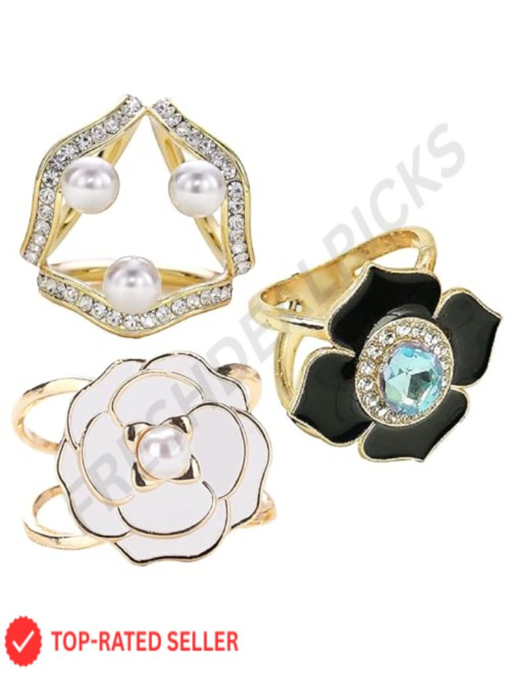 Scarf Rings Buckle Slides 3pc Alloy Rhinestone Pearl Women Scarf Pin